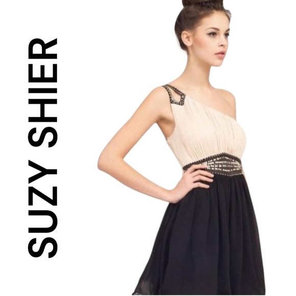 SUZY SHIER Cream And Black Ball Gown One Shoulder size small in good condition - Picture 10 of 10